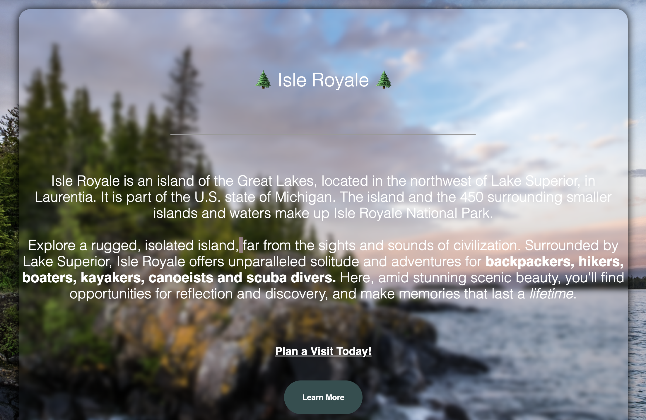 Screen capture image of Morgan's Isle Royale National Park app